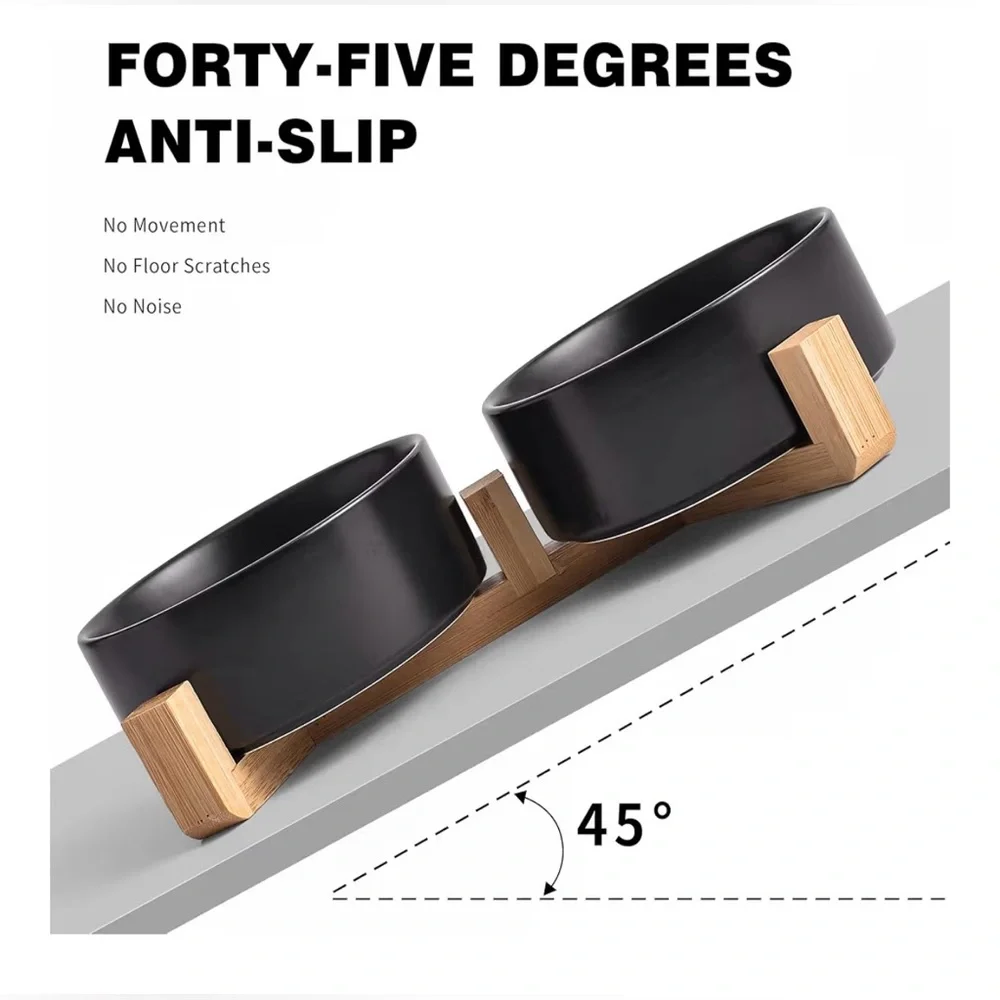 Black Ceramic Dog & Cat Bowl Set W/Wooden Stand